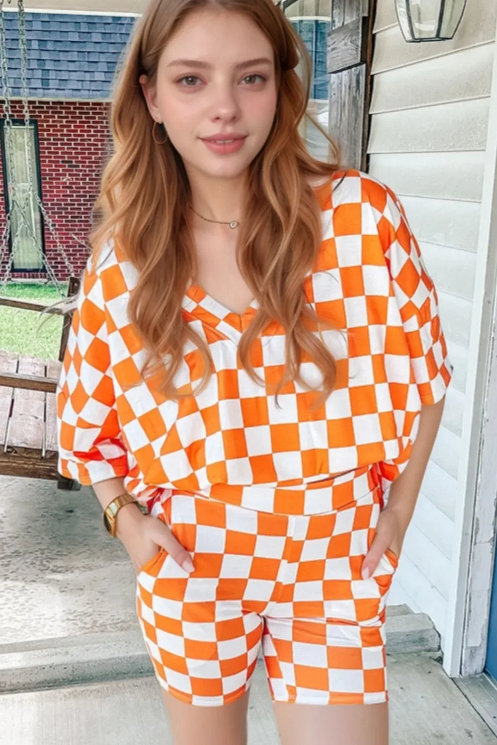 Checkerboard V Neck Loose Tee and Shorts Set - Makw Official Site