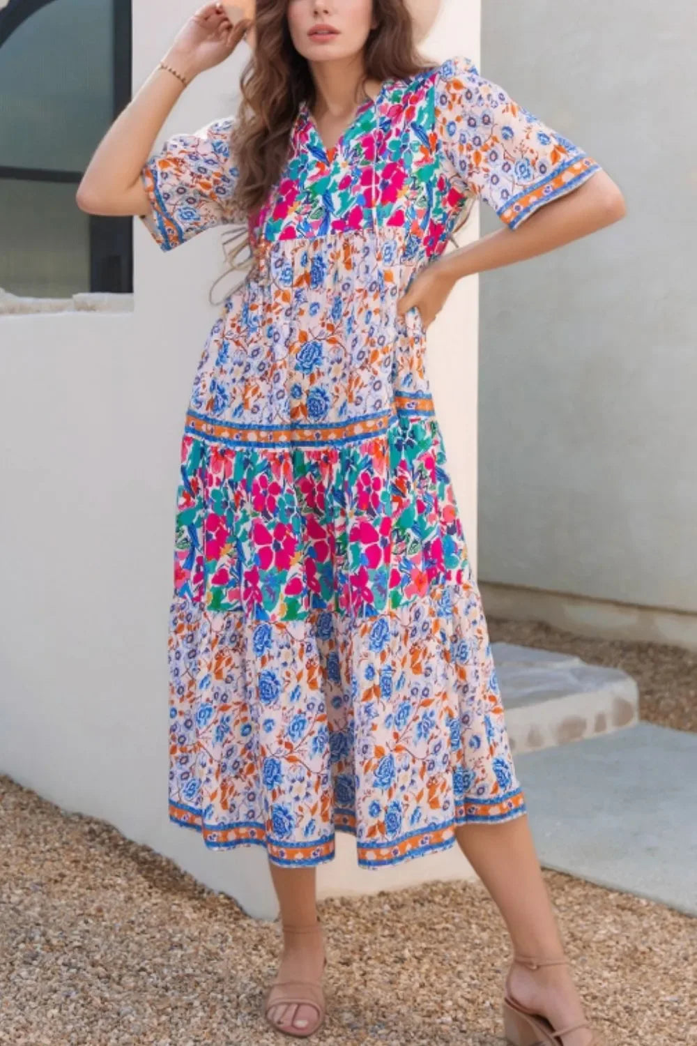 Mixed Floral Print Tie Neck Short Sleeve Dress - Makw Official Site