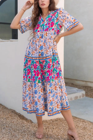 Mixed Floral Print Tie Neck Short Sleeve Dress - Makw Official Site