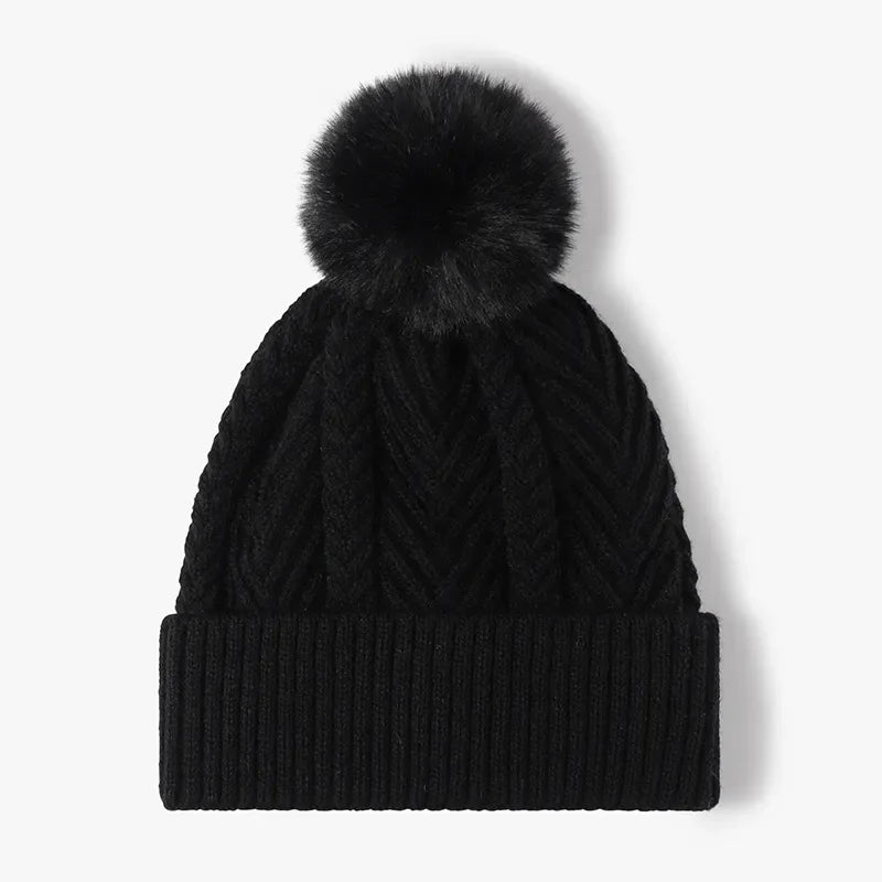 Cable Knit Solid Color Hat with Pompom - Makw Official Site