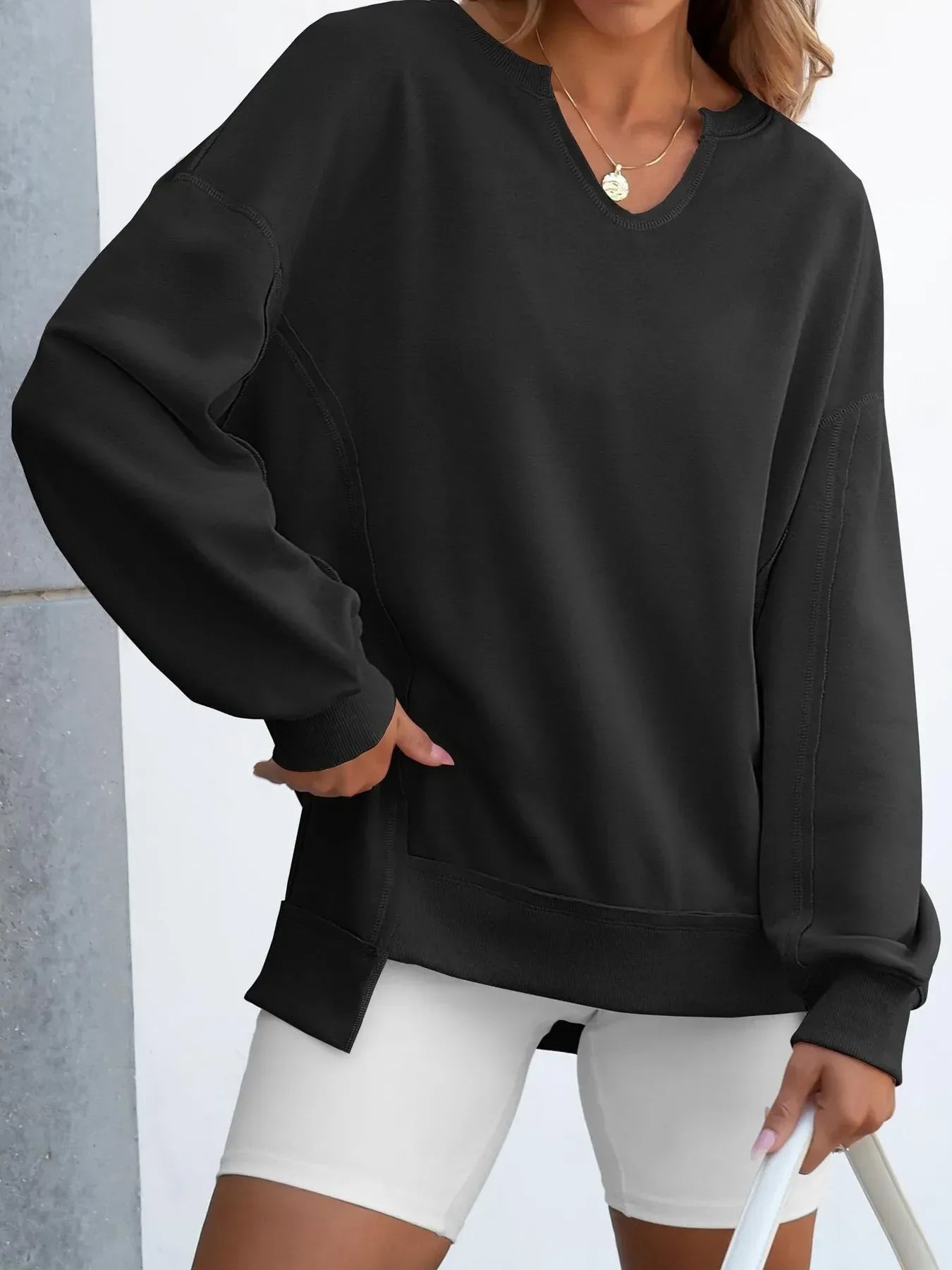 Notched Long Sleeve Oversized Sweatshirt - Makw Official Site