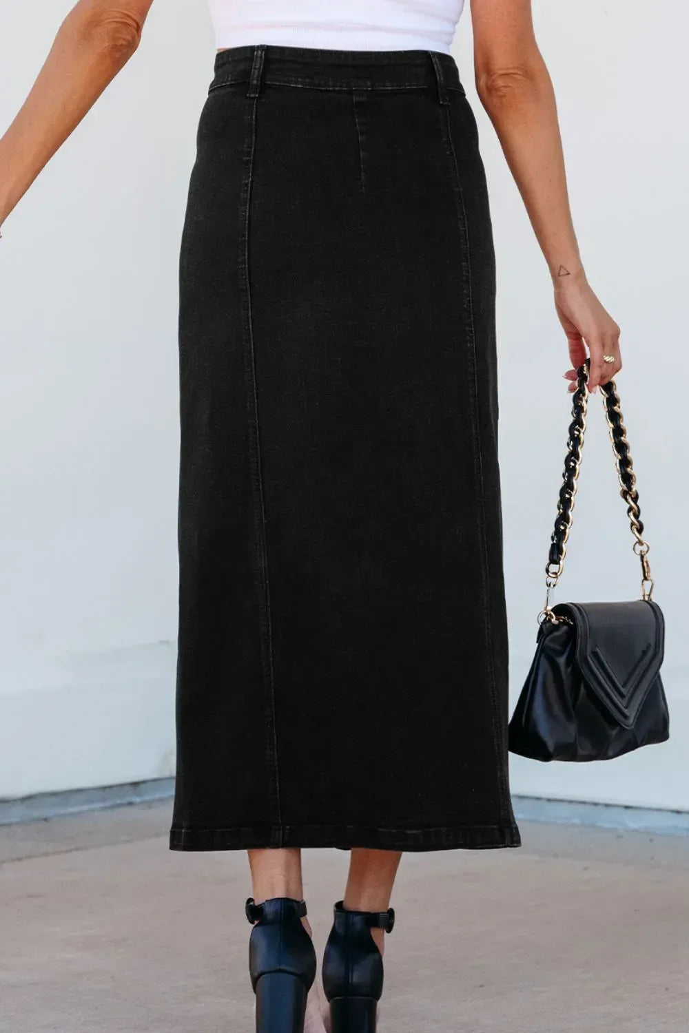 Button Fly Side Split Denim Midi Skirt - Makw Official Site