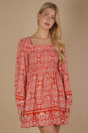 VERY J Printed Smocked Chest Boho Mini Dress - Makw Official Site