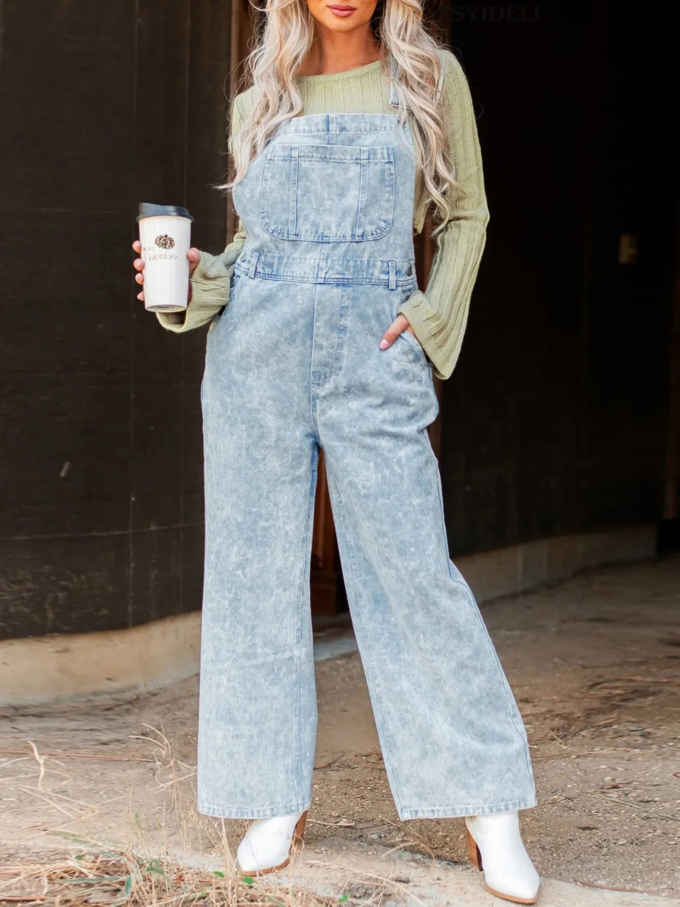 Vintage Washed Wide Leg Denim Overalls with Front Pockets - Makw Official Site