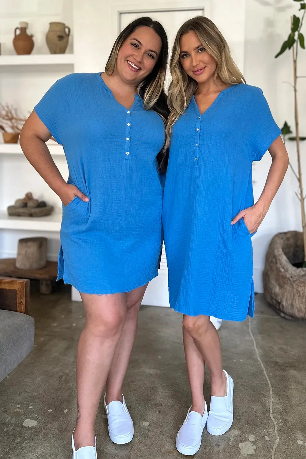 FAM-FAM Slit Notched Short Sleeve Mini Dress - Makw Official Site