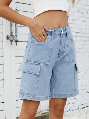 High Waist Denim Shorts with Cargo Pockets - Makw Official Site