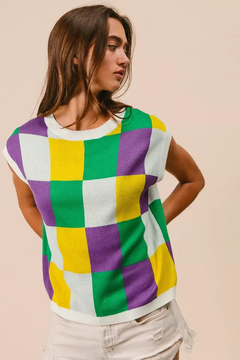 BiBi Mardi Gras Checker Pattern Sleeveless Sweater Top - Makw Official Site