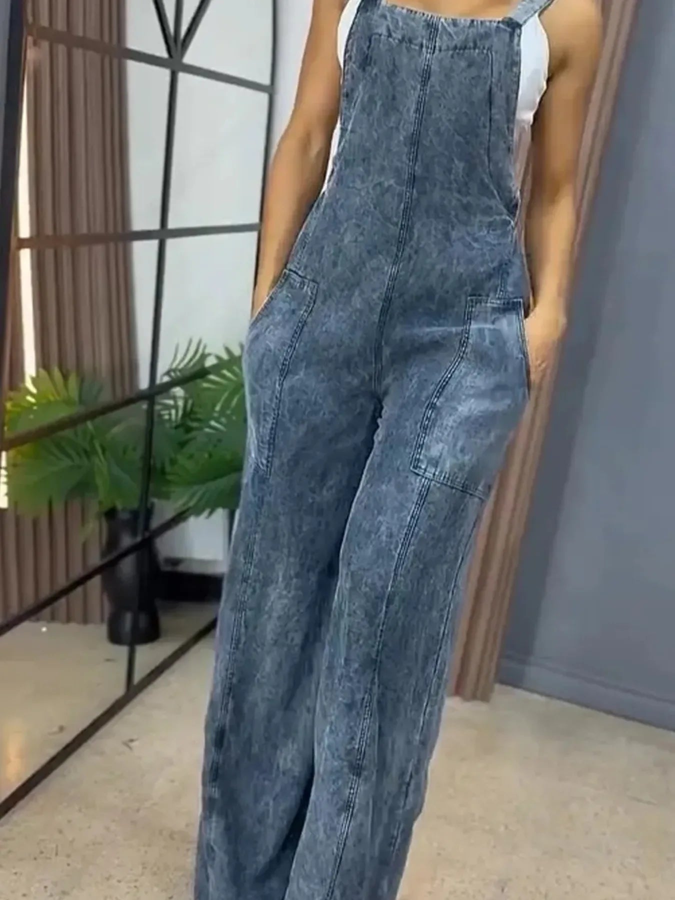 Full Size Wide Leg Washed Denim Overalls Plus Size - Makw Official Site