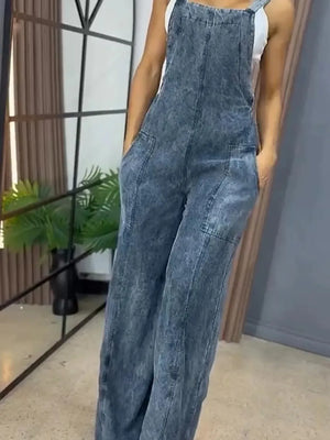 Full Size Wide Leg Washed Denim Overalls Plus Size - Makw Official Site