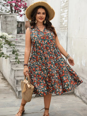 Plus Size Floral Notched Sleeveless Dress - Makw Official Site