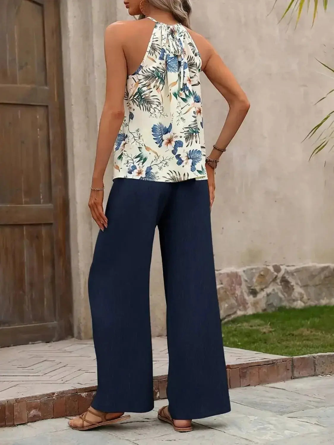 Printed Tank Top and Wide Leg Pants Set - Makw Official Site