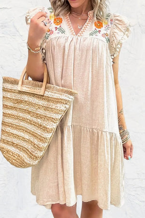 Floral Embroidery Pom Pom Ruffle Sleeves Mini Dress - Makw Official Site