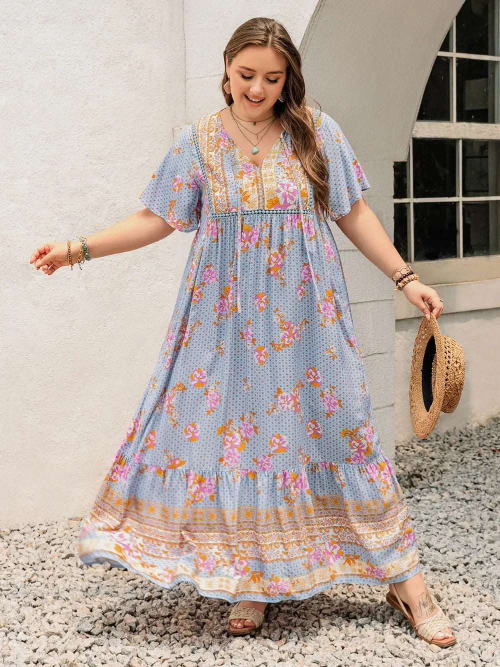 Plus Size Printed Tie Neck Flutter Sleeve Maxi Dress - Makw Official Site