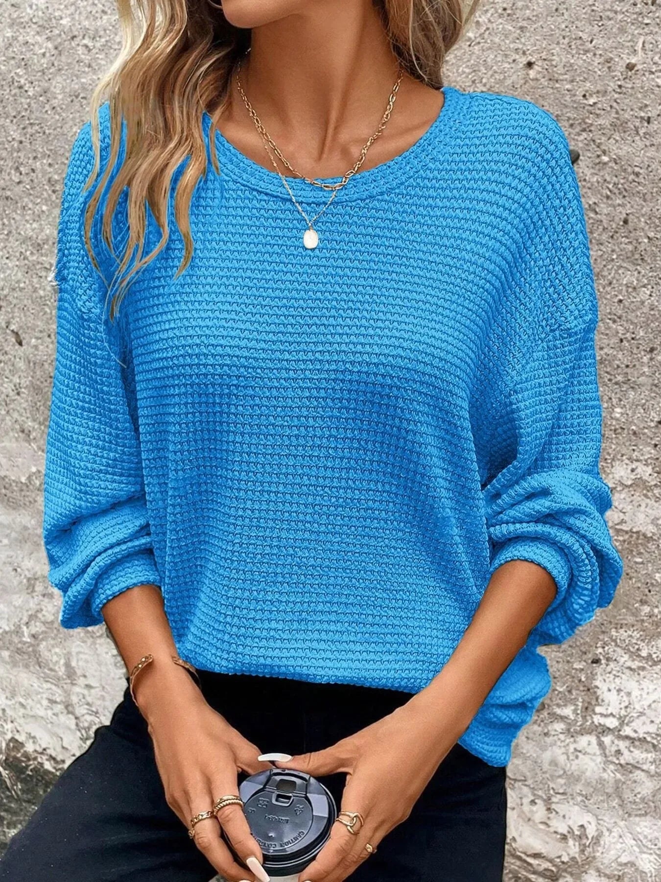 Plus Size Relaxed Fit Waffle Knit Round Neck T-Shirt - Makw Official Site