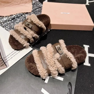 Fuzzy Buckle Accent Plush Slippers - Makw Official Site