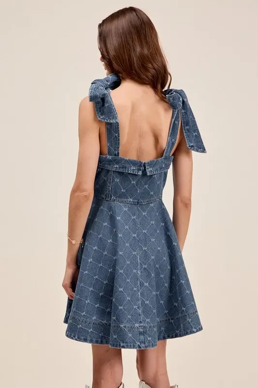SO ME A Line Fit and Flare Diamond Bow Ribbon Denim Dres - Makw Official Site
