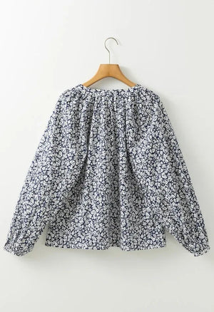 Floral Print Notched Long Sleeve Blouse - Makw Official Site