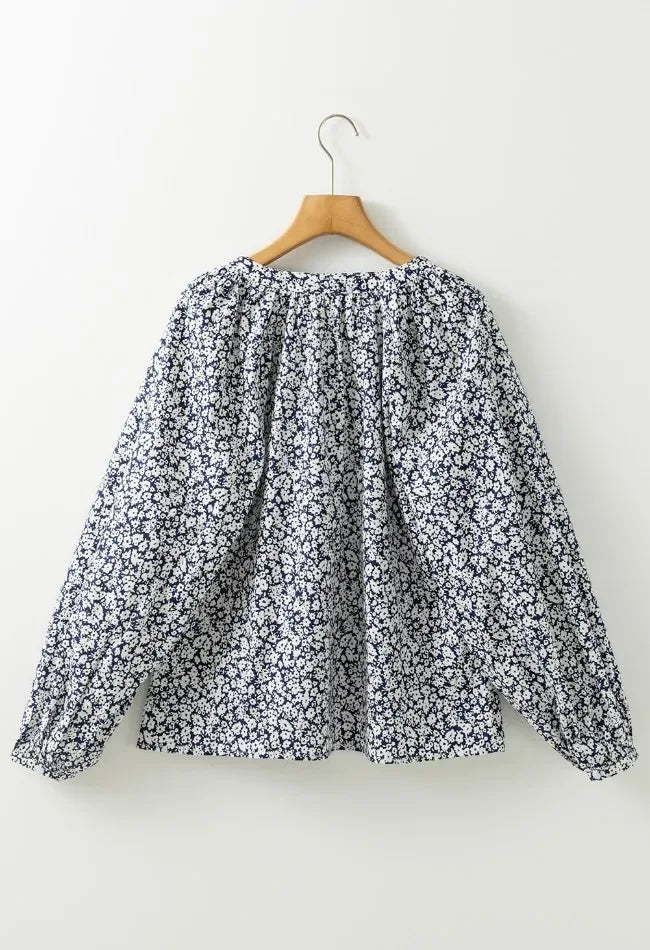 Floral Print Notched Long Sleeve Blouse - Makw Official Site