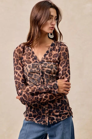 BiBi Leopard Printed Mesh Shirt With Button Up V Neck - Makw Official Site