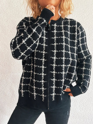 Plaid Pattern Zip Up Cardigan - Makw Official Site