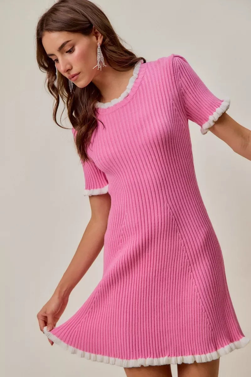SO ME Contrast Ruffled Sweater Knit Mini Dress - Makw Official Site