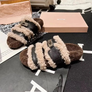 Fuzzy Buckle Accent Plush Slippers - Makw Official Site