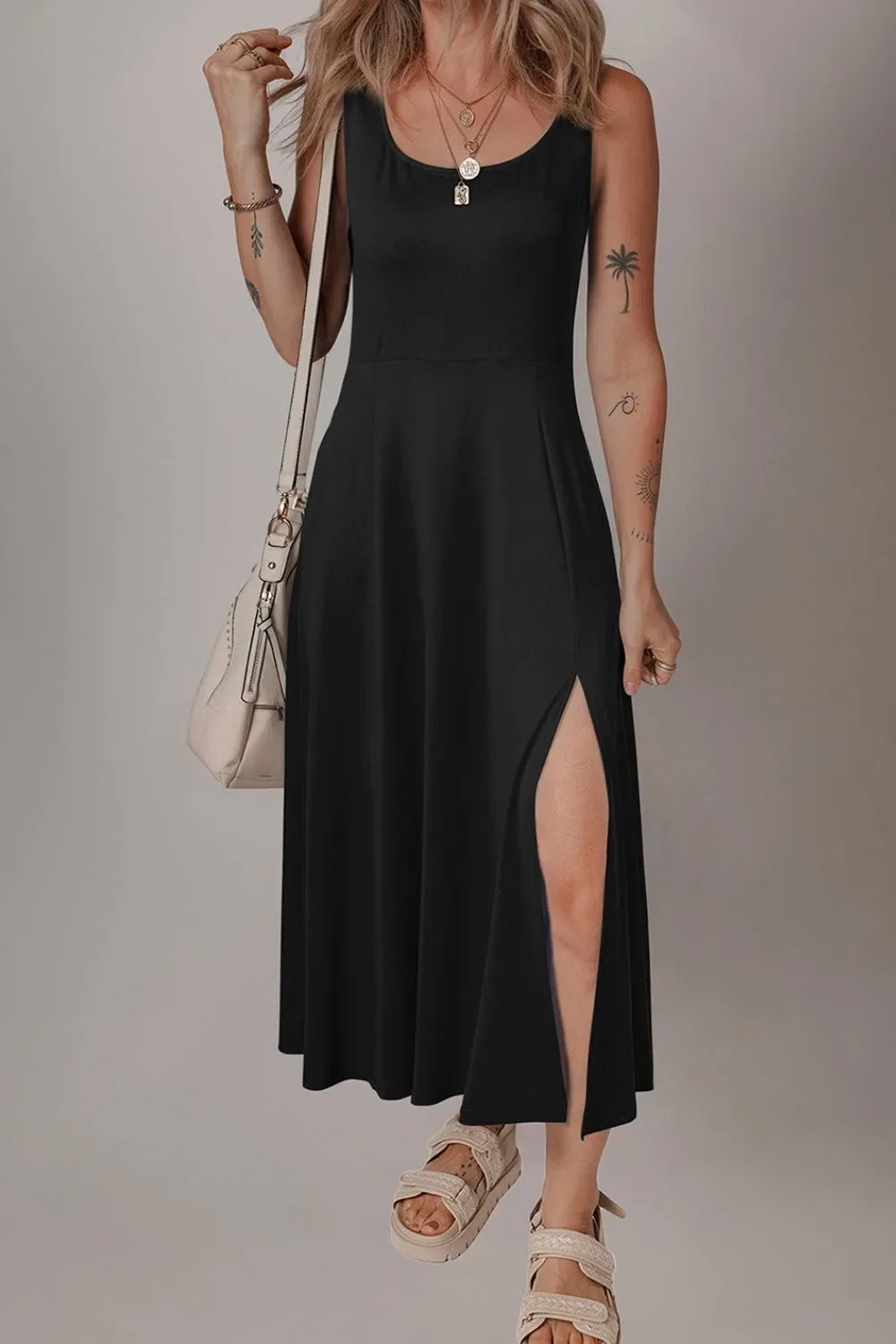 Side Slit Scoop Neck Wide Strap Dress - Makw Official Site