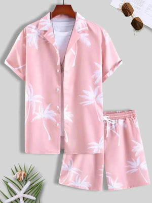 Men's Full Size Palm Print Button Up Shirt and Shorts Set Plus Size - Makw Official Site