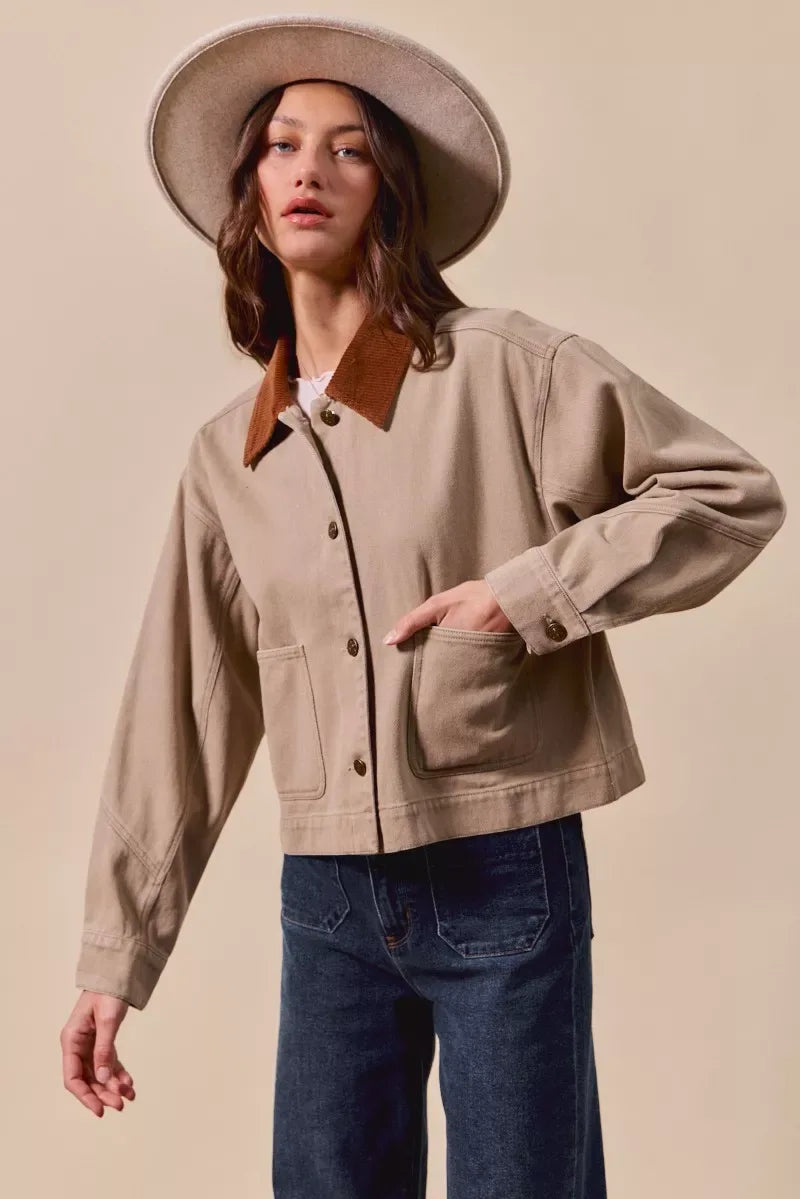 SO ME Cotton Twill Cropped Barn Jacket wtih Collar - Makw Official Site
