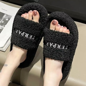Fuzzy Plush Open Toe Slippers - Makw Official Site