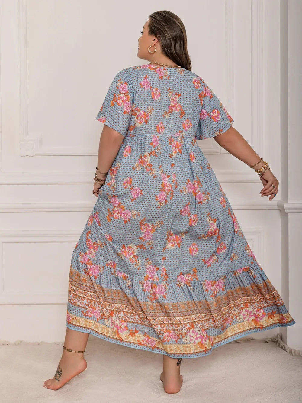 Plus Size Printed Tie Neck Flutter Sleeve Maxi Dress - Makw Official Site