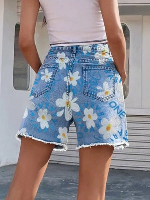 Daisy Frayed Hem Denim Shorts - Makw Official Site