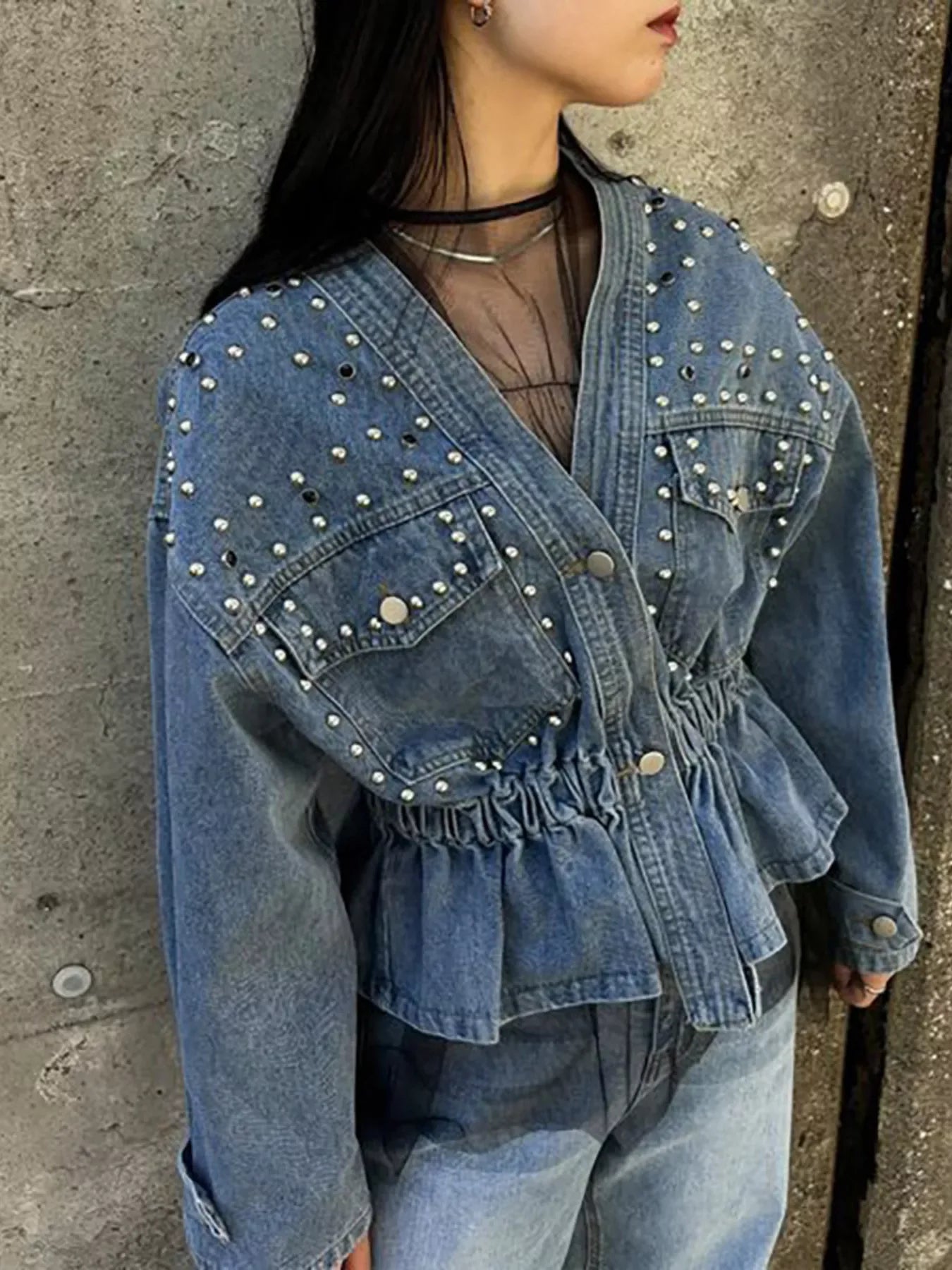 Studded Button Up Denim Jacket - Makw Official Site