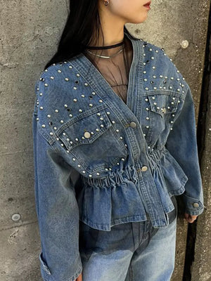 Studded Button Up Denim Jacket - Makw Official Site