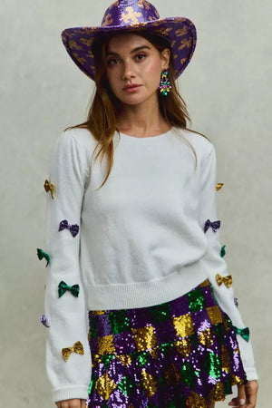 SO ME Mardi Gras Glitter Bow Ribbon Sweater Knit Top - Makw Official Site
