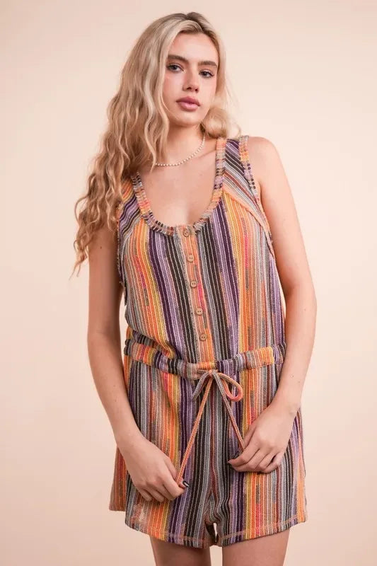 VERY J Crochet Multi Color Striped Casual Summer Romper - Makw Official Site