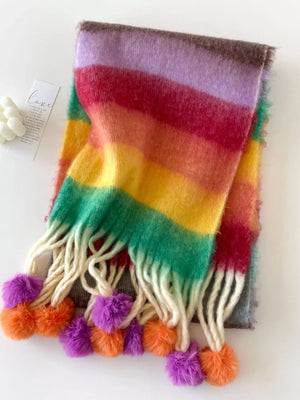 Rainbow Striped Fuzzy Scarf with Pom-Poms - Makw Official Site