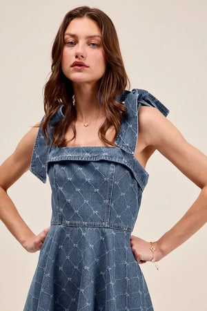 SO ME A Line Fit and Flare Diamond Bow Ribbon Denim Dres - Makw Official Site