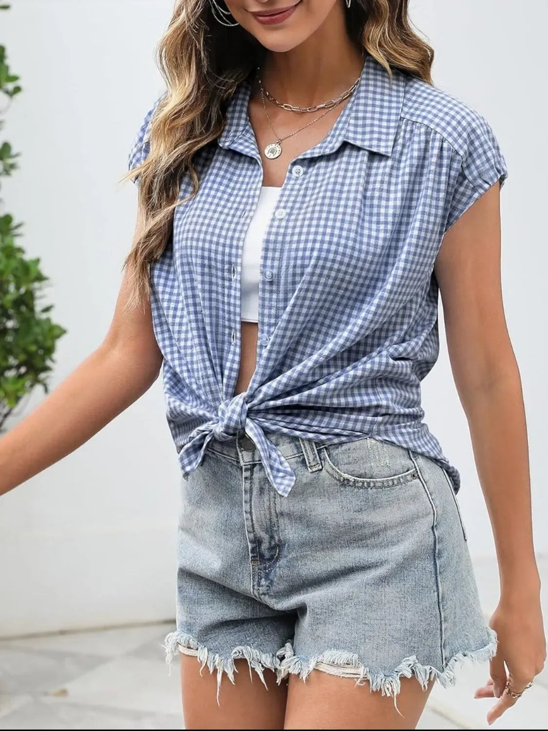 Plaid Button Up Cap Sleeve Shirt - Makw Official Site