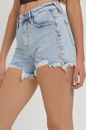 RISEN Full Size High Rise Rhinestone Strap Embellished Denim Shorts - Makw Official Site