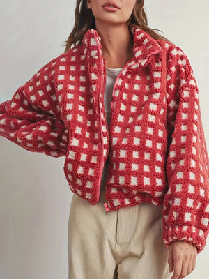 Fleece Checkered Puff Sleeve Bomber Jacket - Makw Official Site
