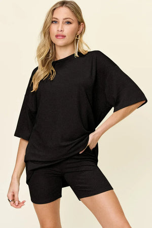 Double Take Full Size Texture Round Neck Drop Shoulder T-Shirt and Shorts Set - Makw Official Site