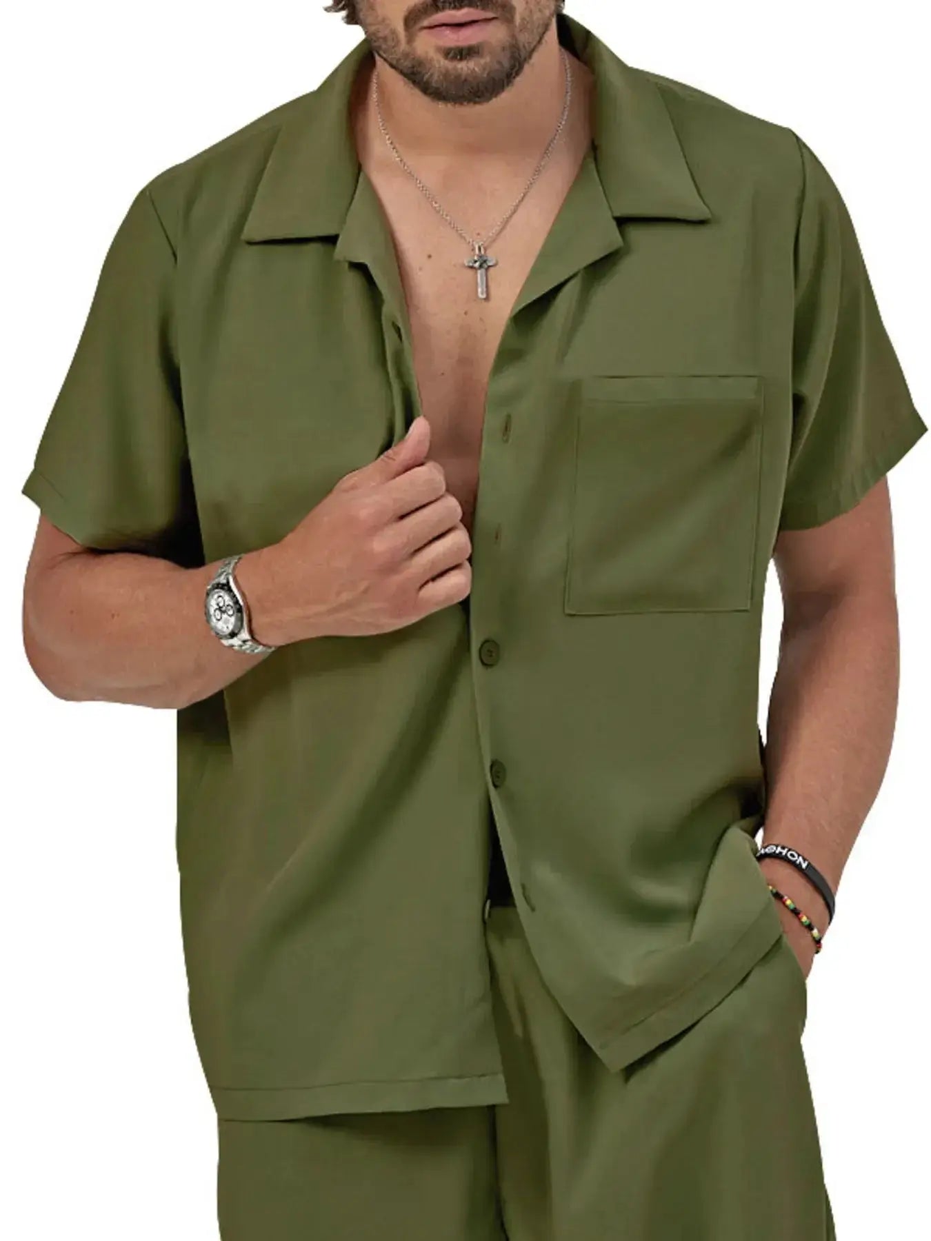 Men's Plus Size Button Up Short Sleeve Shirt and Shorts Set - Makw Official Site