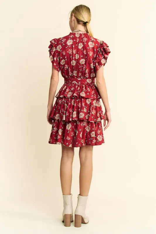 Davi & Dani Ruffle Flutter Sleeve Tie Belt Tiered Mini Dress - Makw Official Site