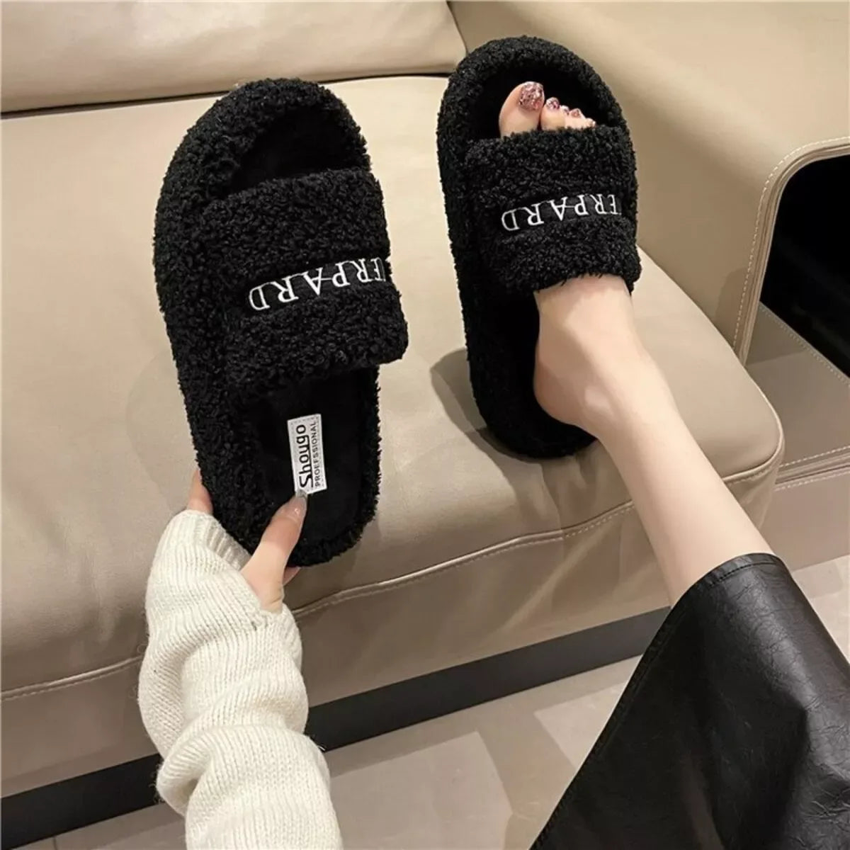 Fuzzy Plush Open Toe Slippers - Makw Official Site