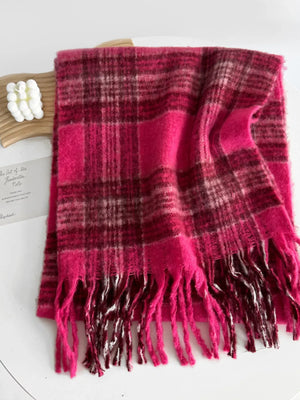 Fuzzy Plaid Fringe Scarf - Makw Official Site