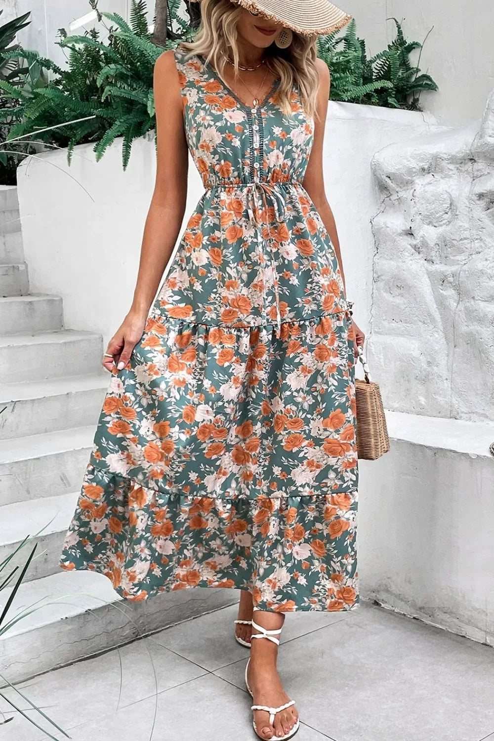 Floral Print Trimmed V Neck Tie Waist Sleeveless Dress - Makw Official Site