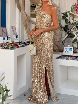 Sequin One-Shoulder Slit Maxi Dress - Makw Official Site