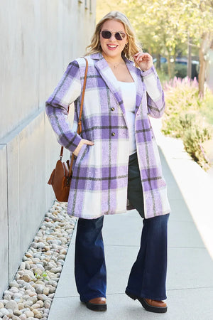 Double Take Full Size Plaid Button Up Lapel Collar Coat - Makw Official Site