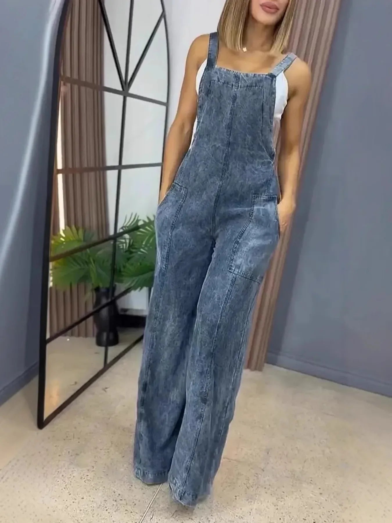 Full Size Wide Leg Washed Denim Overalls Plus Size - Makw Official Site